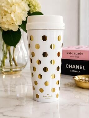 Kate Spade New York Gold Polka Dot Travel Tumbler Coffee Cup White Reusable Cup